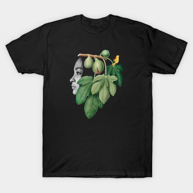 Surreal Collage Art with a girl, fig, bird and plants T-Shirt by EquilibriumArt